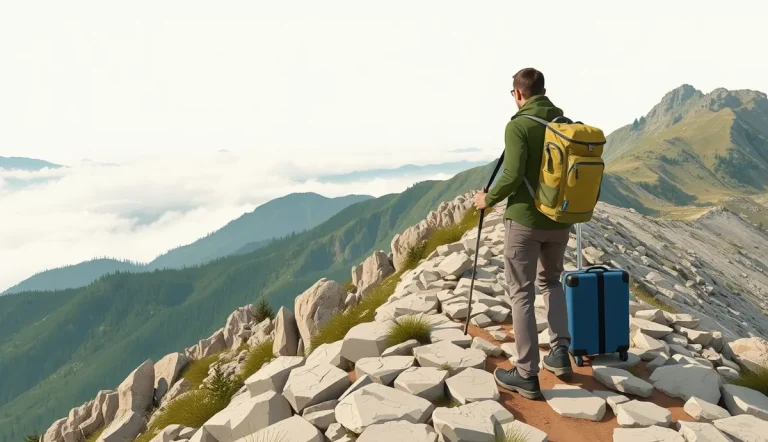 Turistka kráčajúca po horskom chodníku v rumunskom pohorí Fagaraš