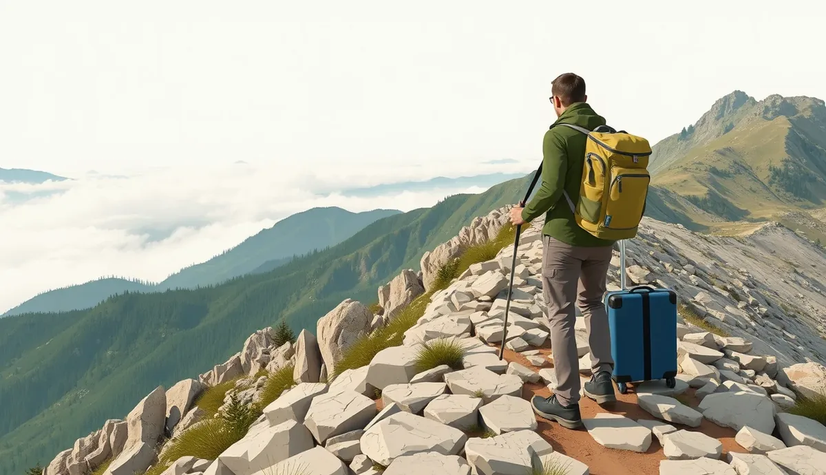 Turistka kráčajúca po horskom chodníku v rumunskom pohorí Fagaraš