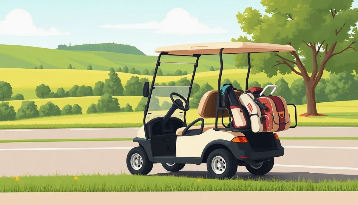 Elektrický golfový vozík zaparkovaný na trávnatej ploche golfového rezortu