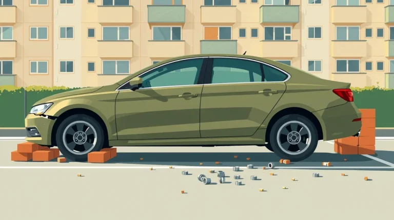 Osobné auto stojace na drevených klátoch po nočnej krádeži kompletných kolies