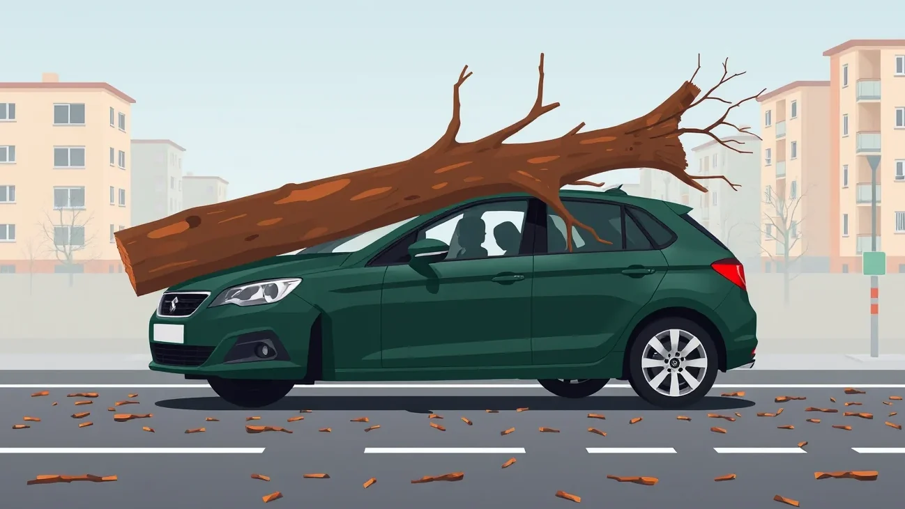 Osobný automobil zaparkovaný na ulici pod korunami stromov pred blížiacou sa búrkou
