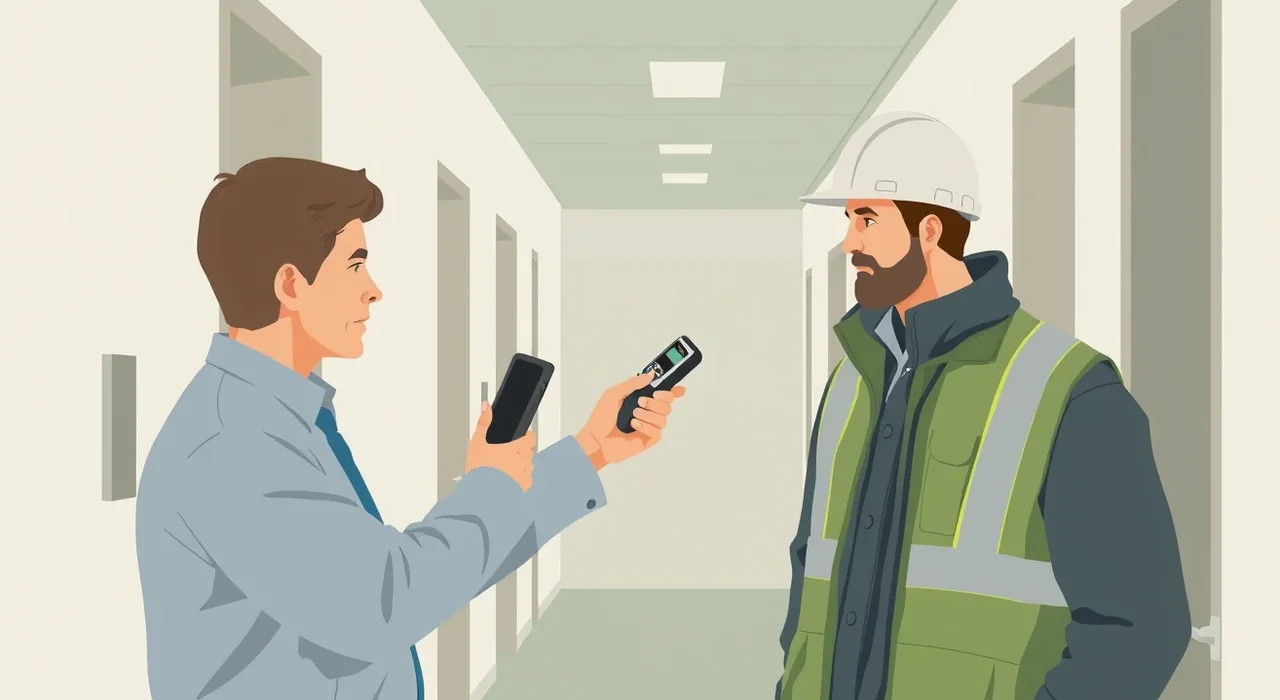 Pracovník skladu podstupuje dychovú skúšku digitálnym testerom na pracovisku